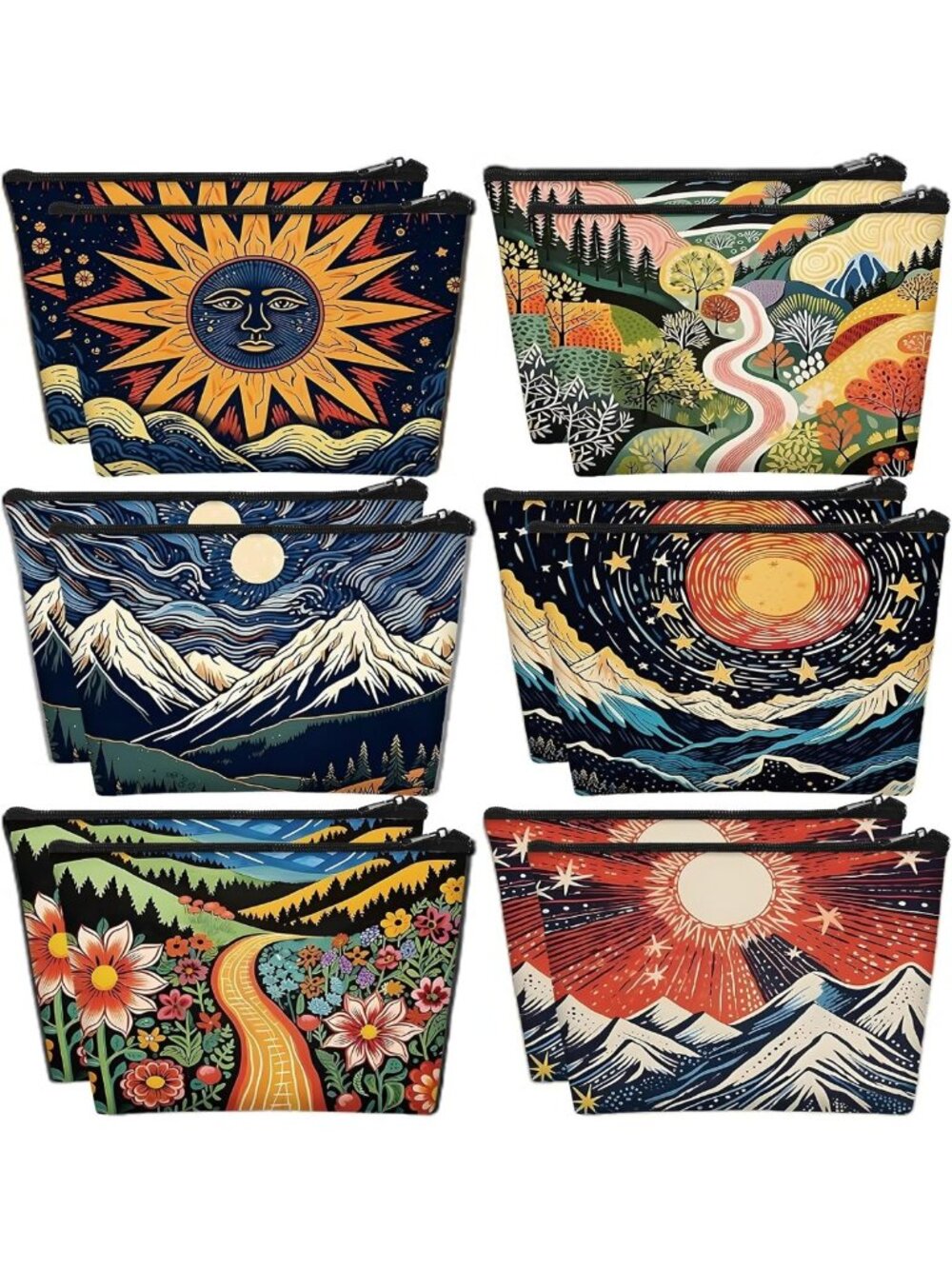 12 Pcs Abstract Art Makeup Bags Set | Colorful Landscape Gift Bundle